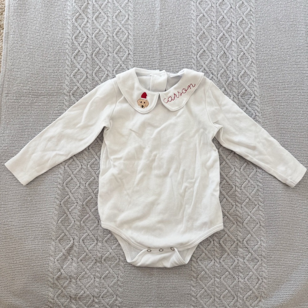 Custom Carson White Long-Sleeve Bodysuit with Embroidered Christmas Dog Collar
